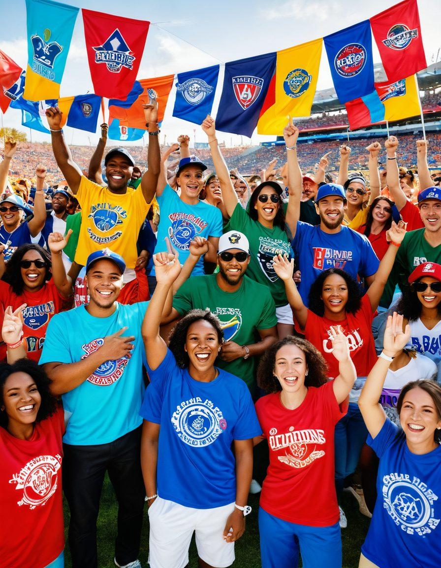 A vibrant scene showcasing a diverse group of enthusiastic sports fans wearing unique custom apparel, gathered in a lively outdoor setting, celebrating their favorite team. The atmosphere is filled with colorful banners and team logos, symbolizing unity and spirit. Include elements of group buying, such as bulk orders of apparel being exchanged among friends. The backdrop should feature a stadium and excited spectators. super-realistic. vibrant colors. outdoor festival vibe.