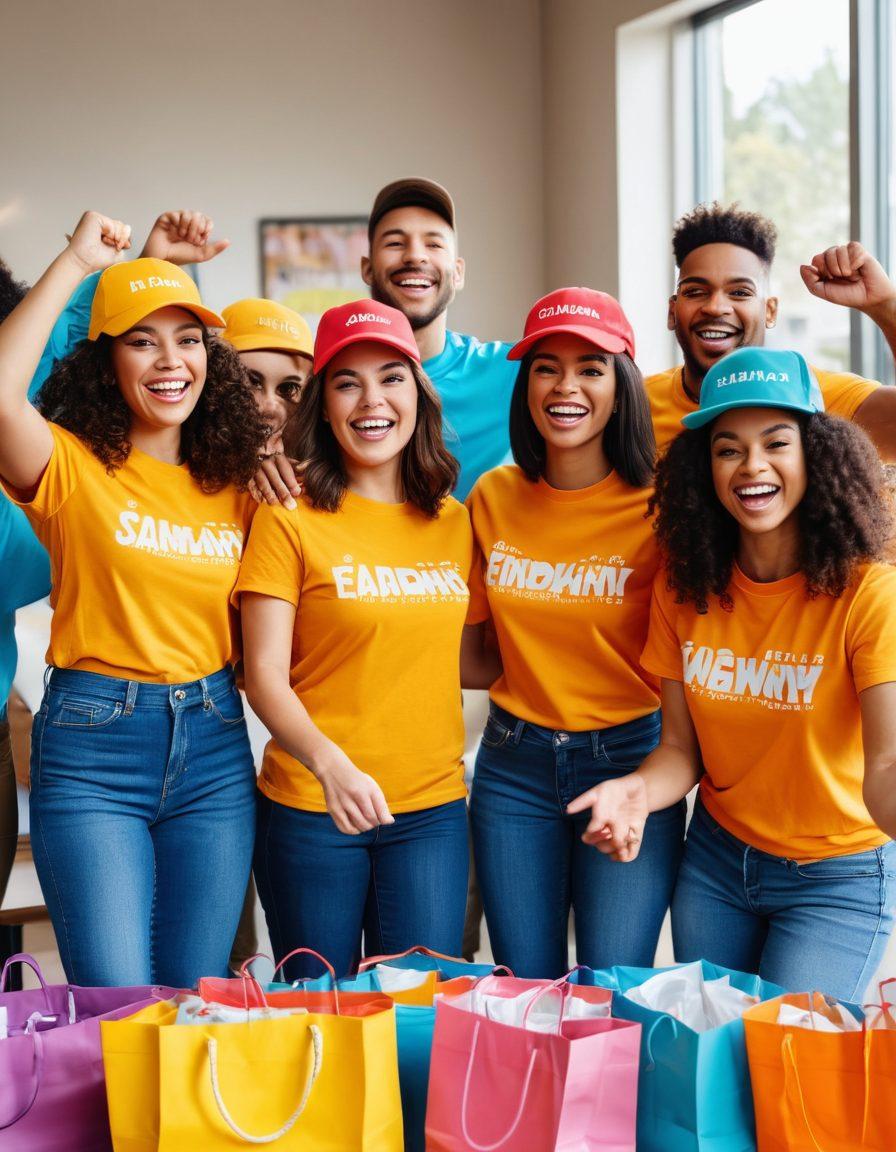 A vibrant scene of a diverse group of professionals engaged in a spirited team-building activity, wearing matching colorful merchandise like T-shirts and caps with motivational slogans. Include elements of group shopping, such as colorful bags and happy faces, surrounded by a backdrop of a modern office or outdoor space. Capture their excitement and camaraderie, showcasing teamwork and unity. cartoon style. bright colors. dynamic composition.