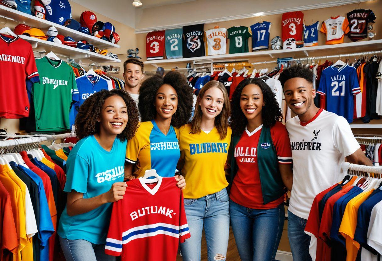 A vibrant scene showcasing a group of diverse friends joyfully shopping together, surrounded by colorful jerseys and trendy sports accessories. Each friend displays enthusiasm while trying on various team gear, with laughter and camaraderie in the air. The background features a lively sports store filled with team memorabilia and promotional banners. Capture the essence of teamwork and friendship through collective shopping. super-realistic. vibrant colors. lively atmosphere.